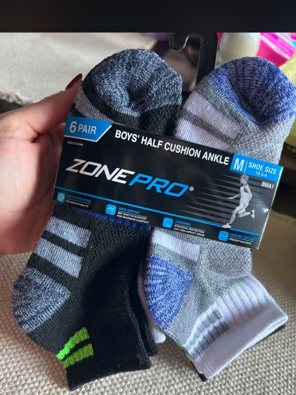 Zone Pro Boys' Half Cushion Ankle Socks - Black, Gray & White - 6 Pair (M)